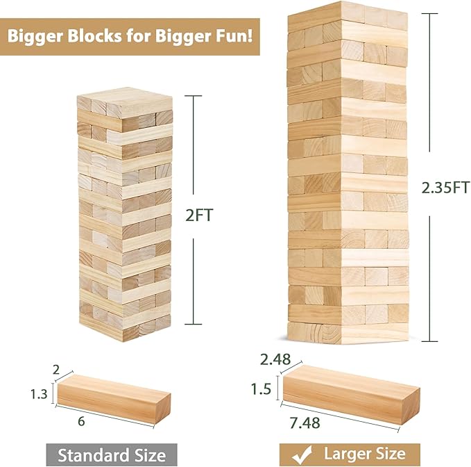 ApudArmis Giant Tumble Tower Stack to Over 5Ft, 56 PCS Pine Wooden Stacking Timber Game with 1 Dice Set - Classic Block Giant Outdoor Game (7.48 * 2.48 * 1.5In Each Block)