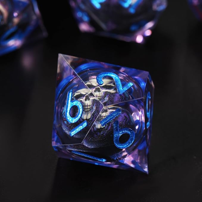 7pcs Skull Resin DND Dice Set Sharp Edged Polyhedral RPG Dice for Dungeons and Dragons, Dragon Eye Gift Bag (Mauve Blue)