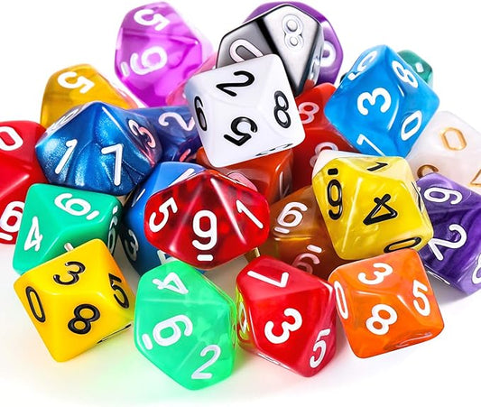 TecUnite 25 Pieces Polyhedral Dice Set with Black Pouch for Other Table Games with Random Multi Colored Assortment (Mix Color,10 Side)