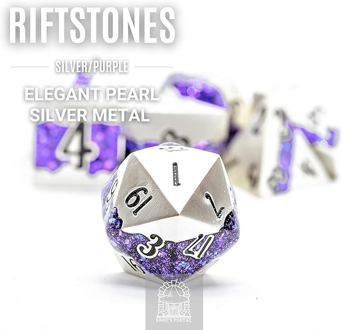 Sage's Portal Metal Riftstone DND Dice 7-PC Polyhedral Dice Set for DND TTRPG Dungeons and Dragons Pathfinder Oversized Designer Dice (Pearl Silver/Purple)