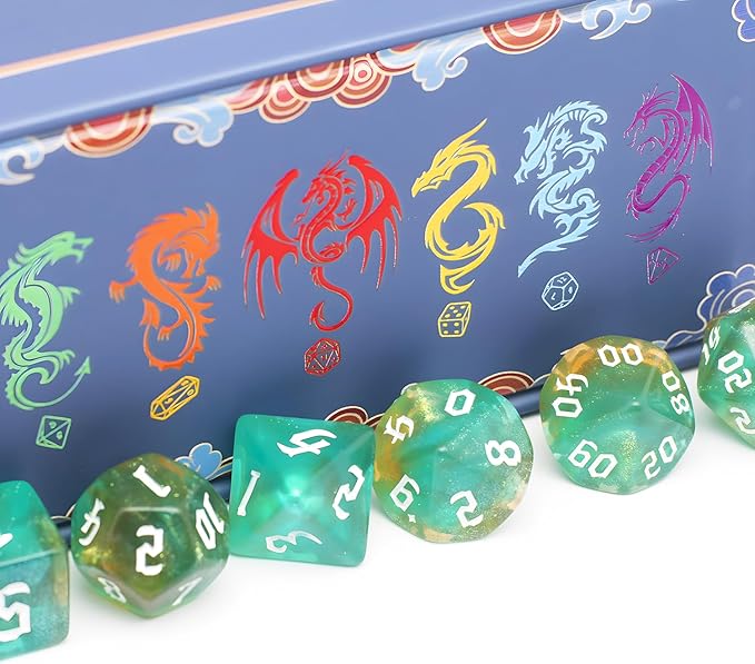 DND Dice Set with Dragon Totem Metal Gife Case, Dungeons and Dragons Dice Set,Polyhedral Dice Set Filled with Shiny Glitters,Role Playing Games and Tabletop Games (Green&Yellow)