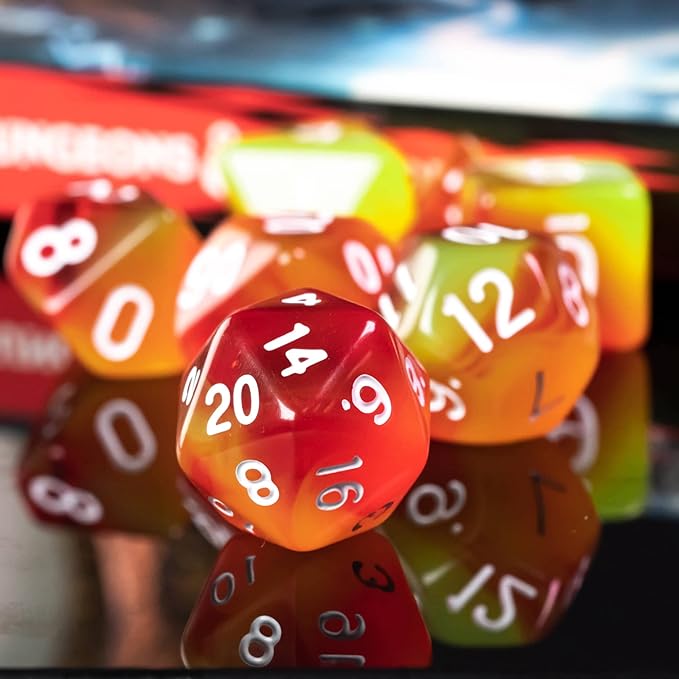7-Die DND Dice Set Polyhedral Dice Set with a Leather Dice Bag, D&D Dice Set for Dungeons and Dragons, RPG, MTG Table Games (T/Red Yellow)