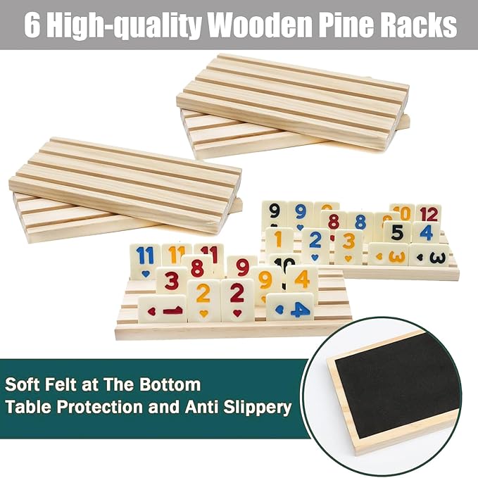 Rummy Game with 6 Wooden Racks/Trays, Rummy Cube with Portable Case 160 Tiles Travel Set with 6 Tiles Holders, Okey Game for 2-6 (Rummy Cube 6 Player Edition)