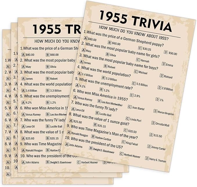 QUPT 70th Birthday Party Games, 1955 Trivia Games, Birthday Party Supplies for Adults, Fun 1955s Party Game, Pack of 30 Cards