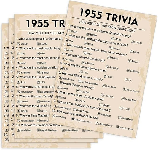 QUPT 70th Birthday Party Games, 1955 Trivia Games, Birthday Party Supplies for Adults, Fun 1955s Party Game, Pack of 30 Cards