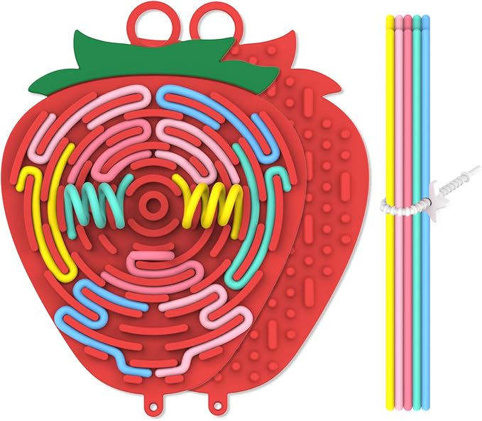Silicone Sensory Activity Board,Double-Sided Busy Board for Fine Motor Skill,Fidget Toy for Calming, Stress, Anxiety, ADHD , Autism , Silent, No Mess , Kids 3+ & Adults(Strawberry,Red)