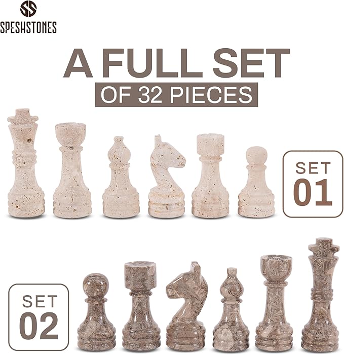 Marble Chess Pieces 3.5 Inch Travertine and Oceanic Stone Figures for Adults and Family, Classic Board Games Accessories for Checkers, Draughts, and Travel Strategy Play