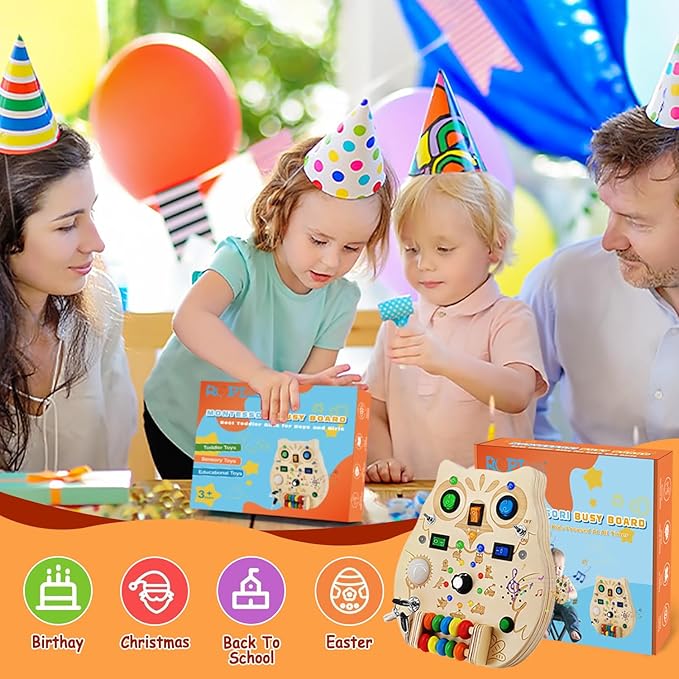 Busy Board,Montessori Wooden Sensory Toy with LED Light Switches, Music, Toddler Light Switch Activity Travel Toys for 1 2 3 Year Old Boys Girls Toddler Toys Gifts