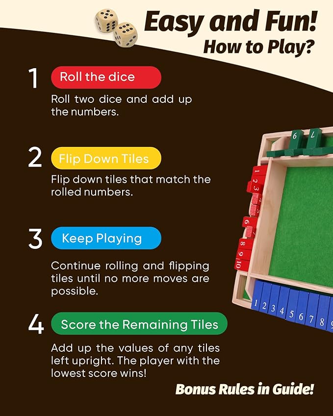 12 Numbers Shut The Box Game, Math Dice Board Game for Family Night Classroom Travel, Wooden Classic Table for Group Kid Adult Senior, Travel Party Bar, Easy Quick and Fun, Portable Style
