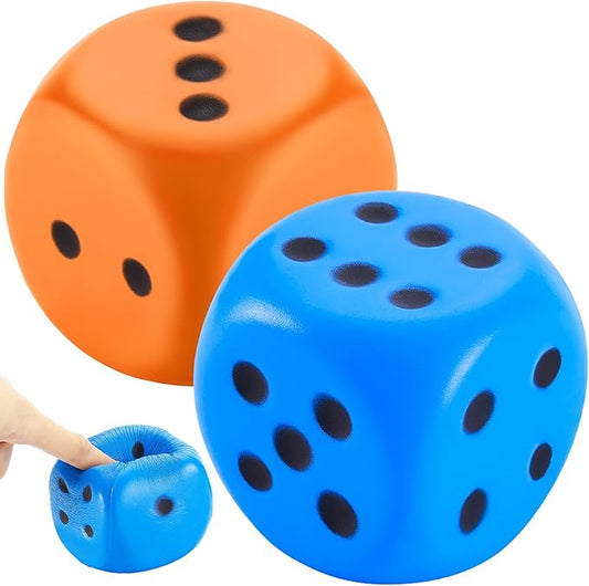 Zomiboo 2 Pcs Large Foam Dice Stress Balls Soft Jumbo 6 Sided Giant Dice Educational Learning Squeeze Anxiety Relieve Toy Gifts for Adults Kids Board Game Classroom(Blue, Orange,3.93 Inch)