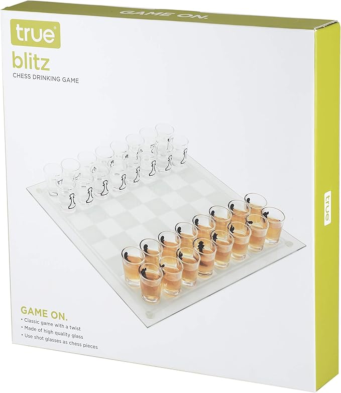 True Shot Glass Chess Game, Chess Board with Shot Glass Chess Pieces, Clear Glass and Frosted Glass, Chess Drinking Game