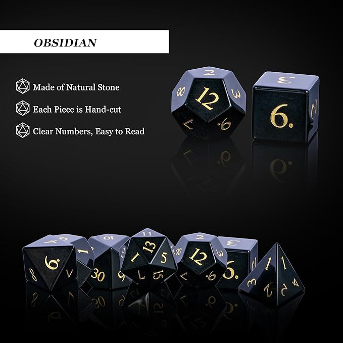 UDIXI Stone DND Dice Set, 7PCS Gemstone Dice Natural Stone Dice Set with Gift Case for Dungeons and Dragons Role Playing Game and Tabletop Games (Obsidian)