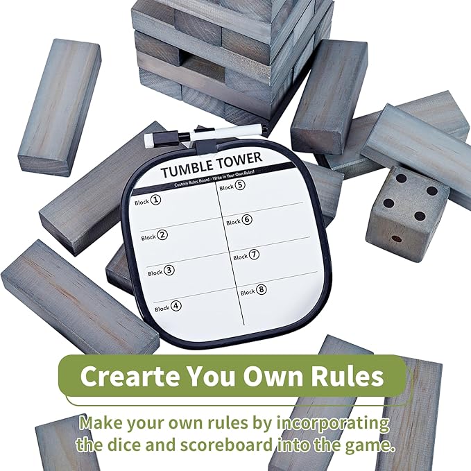 ApudArmis Giant Tumble Tower Stack to Over 5Ft, 56 PCS Pine Wooden Stacking Timber Game with 1 Dice Set - Classic Block Giant Outdoor Game (7.48 * 2.48 * 1.5 in Each Block, Gray)