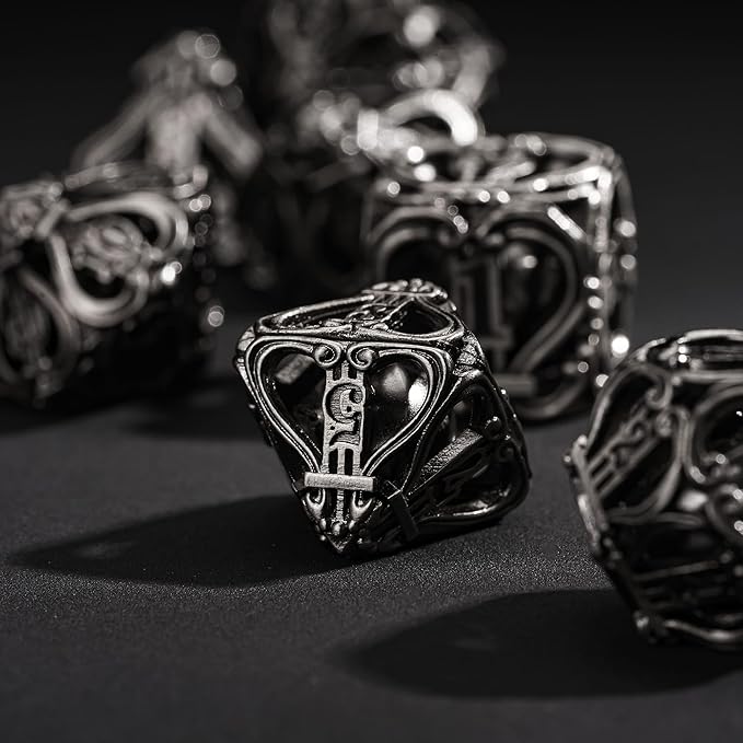 Cusdie 7-Die Metal Dice Set - Hollow Design with Bells - Crisp Sounding Gaming Dice in Tin Box - Perfect for Tabletop RPGs & Board Games(Ancient Nickel)