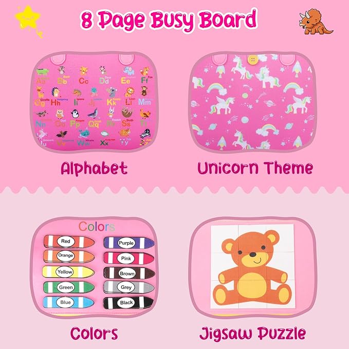 Busy Board for Toddlers 1-4, Montessori Toys for Kids, Pink 8 Pages