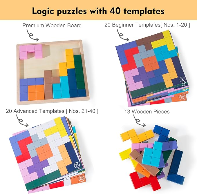Dementia Products for Elderly, Wooden Tiles Matching Game with 40 Templates, Dementia Activities for Seniors, Easy Memory Games for Alzheimer's, Large Puzzle Pattern Blocks