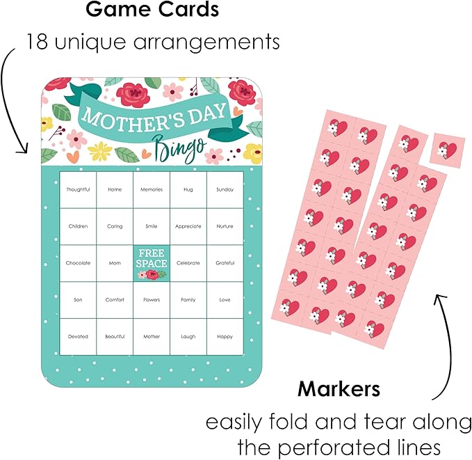 Mother's Day Floral Bingo Game - 18 Cards and Markers Set - Mom Party Card Games, Family Celebration Activity Pack, Interactive Entertainment for Mom's Special Day