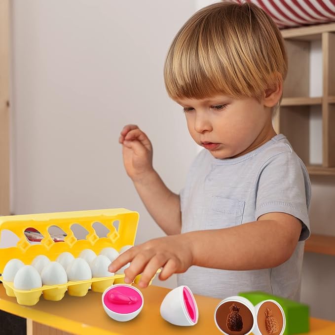 Dimple 12 PCS Vegetable Egg Matching Toy with Holder – STEM Easter Eggs, Educational Shape & Color Sorting Puzzle, Plastic Easter Eggs, Baby Easter Basket Stuffers, Easter Gifts for Kids