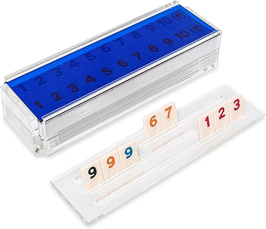 Luxury Rummy Tile Set Game in Handmade Acrylic Case with 4 Racks Included (Blue)