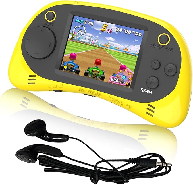 EASEGMER 16 Bit Kids Handheld Games Built-in 220 HD Video Games, 2.5 Inch Portable Game Player with Headphones - Best Travel Electronic Toys for Kids Age 3-10 Years Old Children (Yellow)