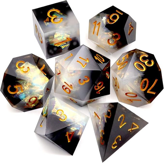 Haxtec Sharp Edge Dice Set DND Dice Black and White Resin Dice Iridecent Mylar Galaxy D&D Dice for RPG Role Playing Dungeons and Dragons Gift