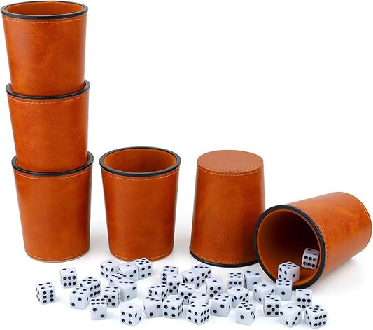 Felt-Lined PU Leather Dice Cup Set, 6 Quiet Dice Shaker Cups with 36 Dices for Bar Party Yahtzee Farkle Games, Brown
