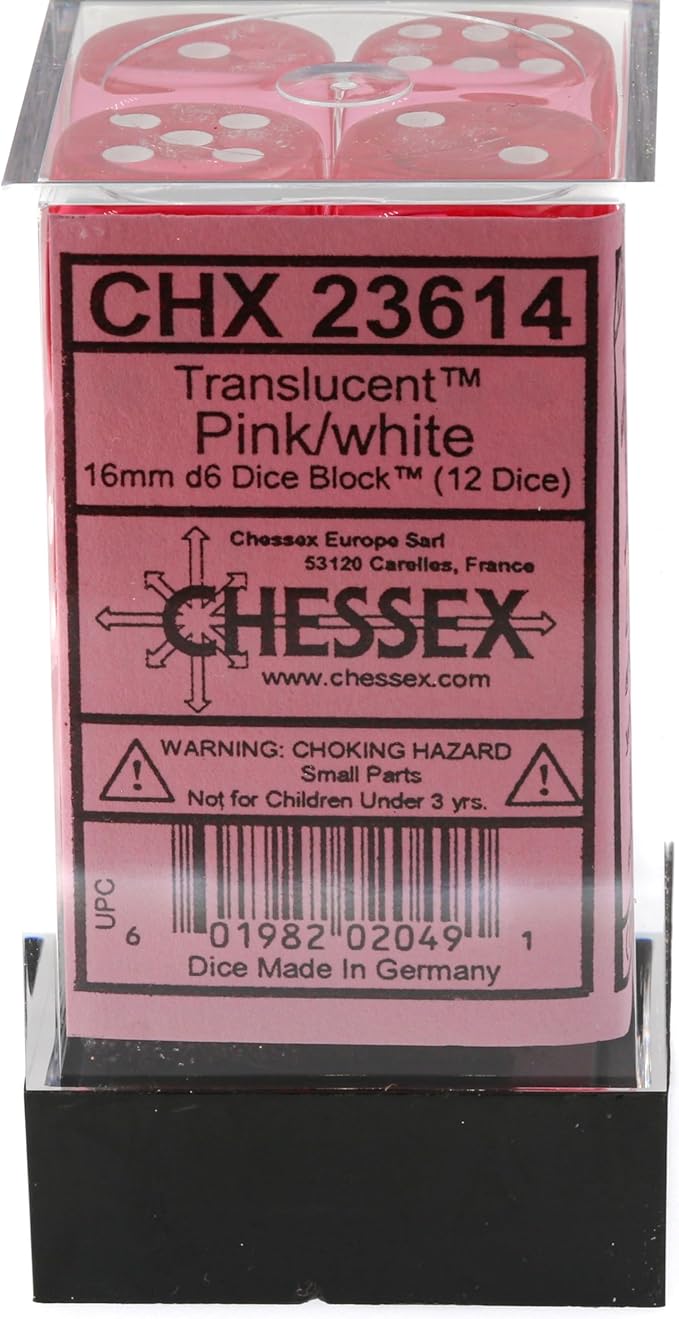 Chessex Polyhedral Translucent 12-Die Set, 16mm 6D Pink/White Dice for Dungeons and Dragons (DND), Role Playing Games, MTG, Pathfinder, Table Game, Board Games