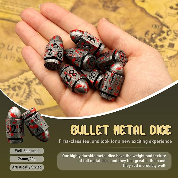 Bullet Dice Set, DND Dice Metal Revolver，ZHOORQI D6 Gun Dice D&D Gifts for Dungeons and Dragons, RPGs(7-Blood Silver)