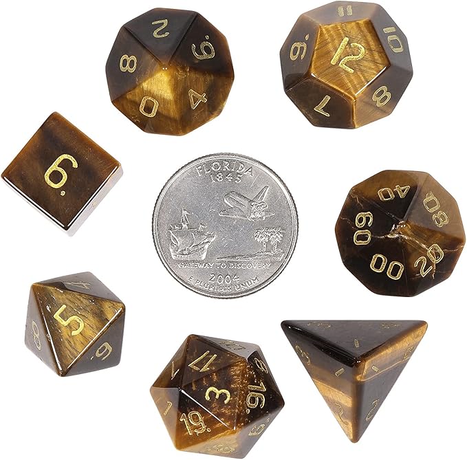 TUMBEELLUWA Engraved Crystal Stone Polyhedral Dice Set for RPG MTG Dungeons and Dragons Table Game 7 Pieces DND Board Game Dices with Pouch, Tiger’s Eye