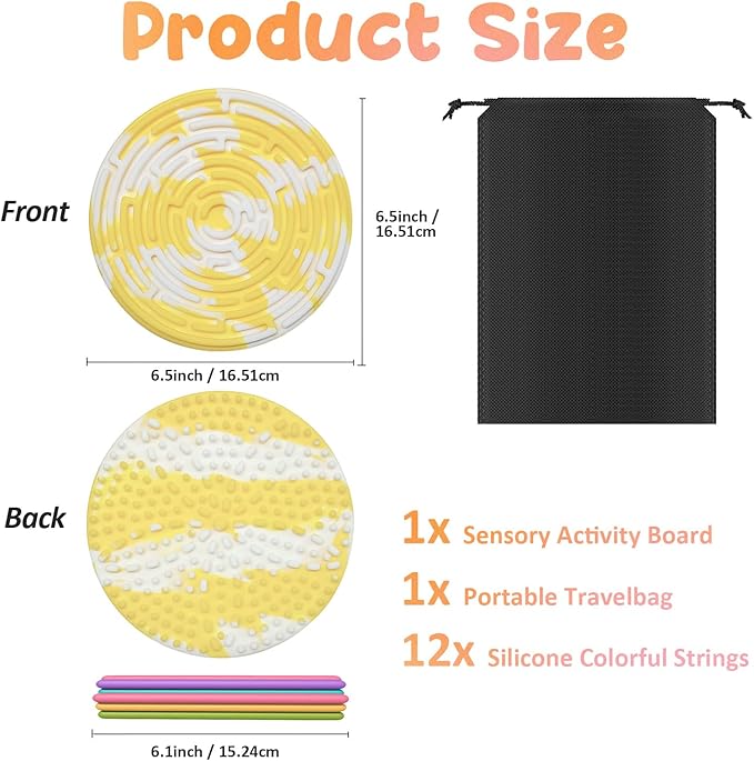 Sensory Activity Board for Kids and Adults, Double-Sided Silicone Fidgets Toys - Silent, No Mess, for Calming, Stress Anxiety, ADHD&Autism - Includes Portable Travel Bag & 12 Strings, Yellow