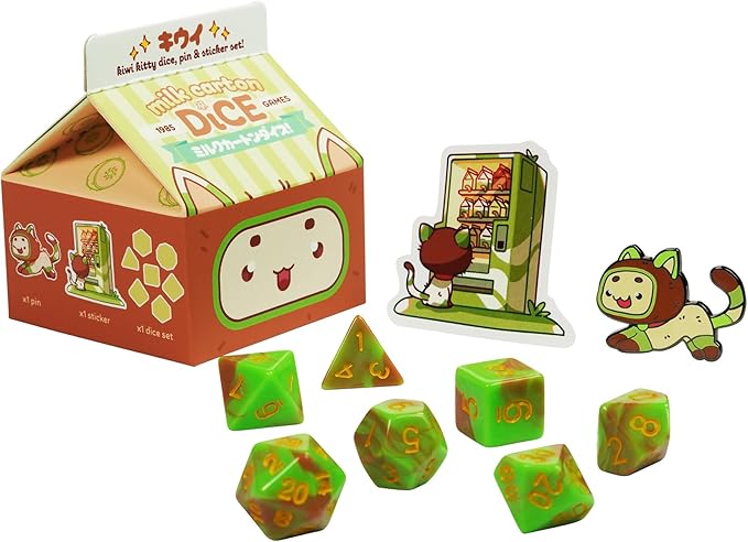 1985 Games Kiwi Kawaii Cat Dice Set – Milk Carton-Inspired Dice for DND | TTRPGs & Tabletop Roleplaying