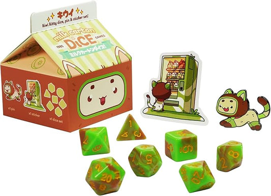 1985 Games Kiwi Kawaii Cat Dice Set – Milk Carton-Inspired Dice for DND | TTRPGs & Tabletop Roleplaying