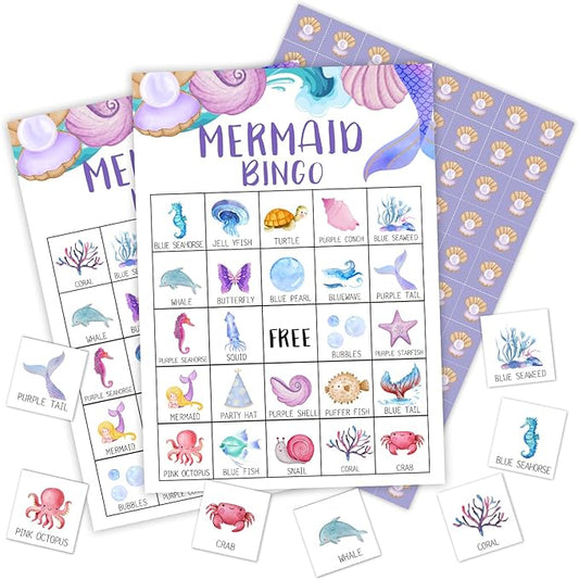 Ziyouza Mermaid Bingo - Birthday Party Games, 24 Players Bingo Games for Mermaid Theme Birthday Party Family Party Outdoor Trip Activity -02