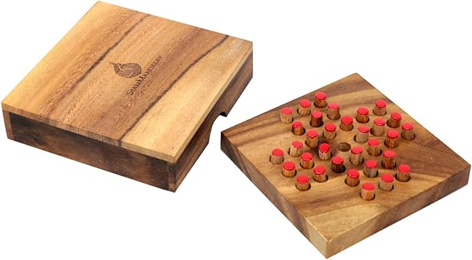 Wood Solitaire Game Classic Peg Solitaire Board Premium Wooden Design Single Player Brain Teaser Strategy Puzzle for Brain Training Tabletop Indoor (Jump All but one)