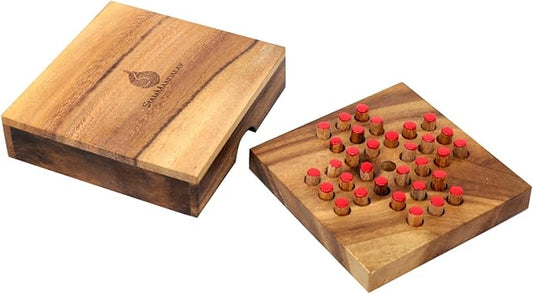 Wood Solitaire Game Classic Peg Solitaire Board Premium Wooden Design Single Player Brain Teaser Strategy Puzzle for Brain Training Tabletop Indoor (Jump All but one)