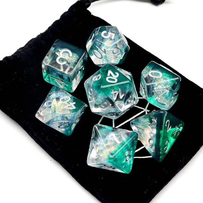 Haxtec Resin DND Dice Set 7PCS Green Clear Mylar Galaxy Polyhedral D&D Dice for Roleplaying Dice Games as Dungeons and Dragons