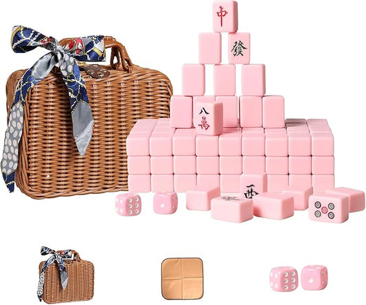 VPH Travel Chinese Mahjong Set Ivory 144 Sheets with Rattan Box and Tablecloth (Pink)