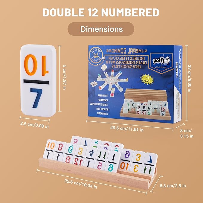 Mexican Train Dominoes Set with Numbers - Double 12 Colored Number Dominoes - 91 Tiles, 9 Trains, 4 Wooden Trays & Storage Bag for 2-8 Players Ages 8+