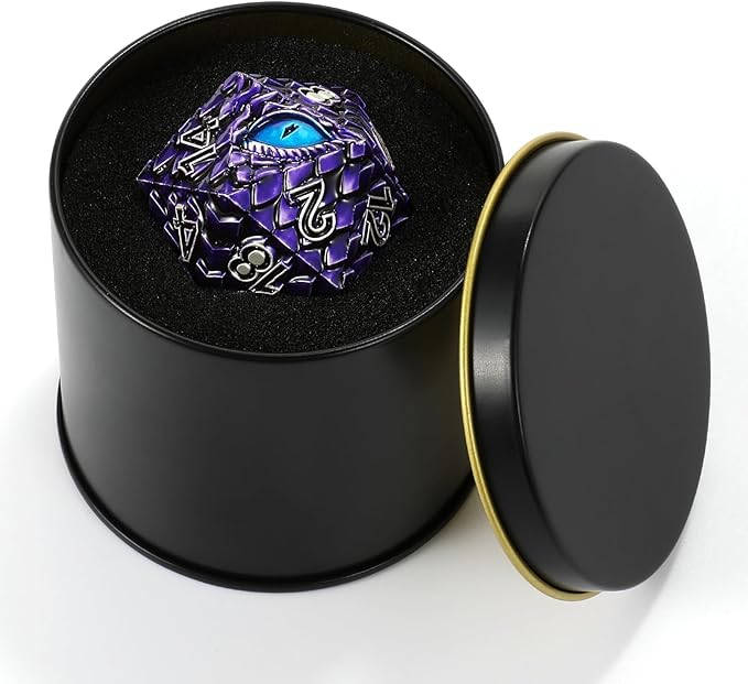 Dragon Eye Scale DND Metal Dice,33mm 20 Sided Giant D20, Large Polyhedral Dice, D&D Metal Dice Set for Dungeons and Dragons, RPG, MTG & Tabletop Games(Purple with Blue Eye)
