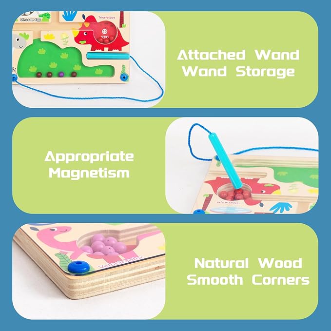 Magnetic Color & Number Maze, Montessori Wooden Color Matching Learning Counting Puzzle Board, Toddler Fine Motor Skills Toys for Boys Girls 3 4 5 Years Old - Dinosaur