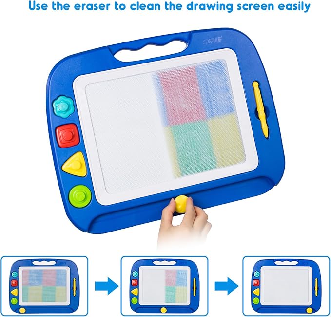 SGILE Large Magnetic Drawing Board - 4 Colors 16×13in Writing Painting Doodle Pad with 4 Stamps for Toddlers, Learning Educational Toy Etch Sketch Gift for 36+ Month Kids Girls Boys, Blue
