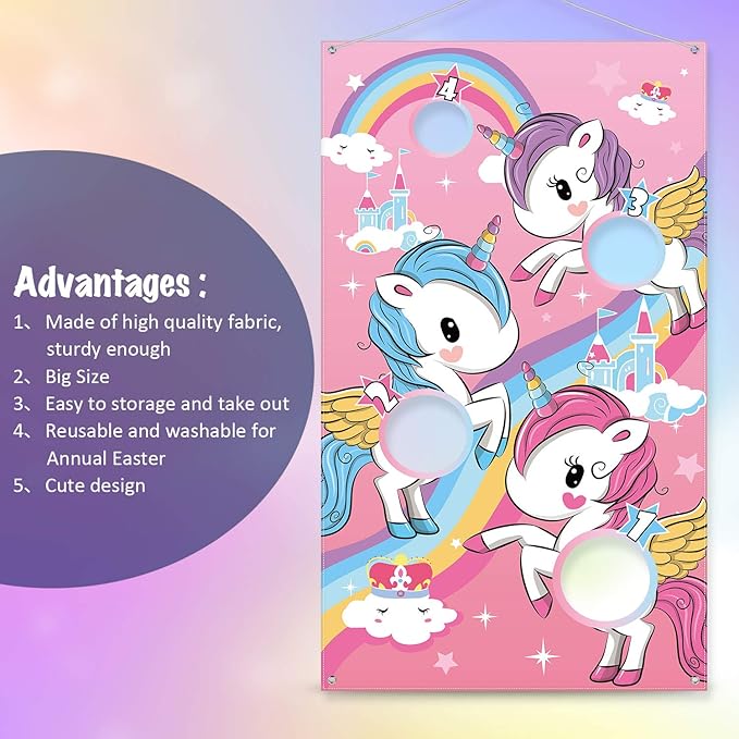 Blulu Unicorn Bean Bag Toss Game for Kids Outdoor Toys Unicorn Toss Game Banner with 3 Nylon Bean Bags Birthday Party Game Backyard Yard Activities for Toddler Birthday Gift for Girls