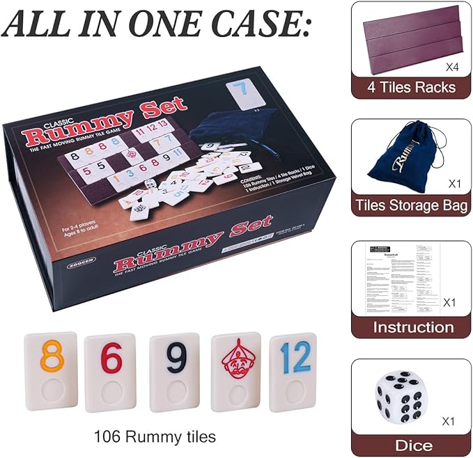 Rummy Cube Game Set with 4 Plastic Racks and 106 Melamine Tiles, Color Case with 4 Tiles Holders