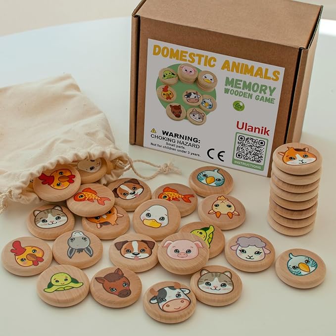 Ulanik Domestic Animals Matching Memory Game for Toddlers Age 3 + Year Old Preschool Wooden Board Games for Kids 4-8 Learning & Education Toys — 30 Chips, 1.57 in