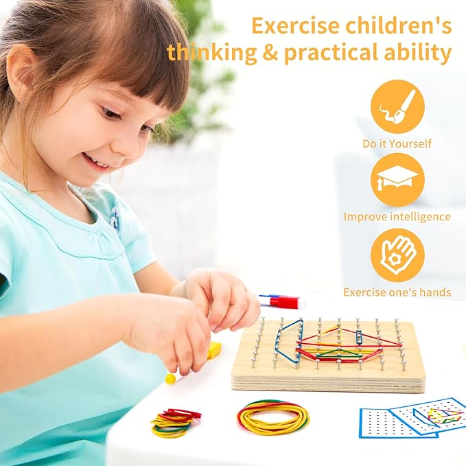 HEELWIRE Wooden Geoboard,Montessori Toy,Graphical Mathematical Education Toy for Kids with Pattern Cards and Rubber Bands to Figures and Shapes, Brain Teaser STEM Toy Geo Board., Plus 7*7*0.6in