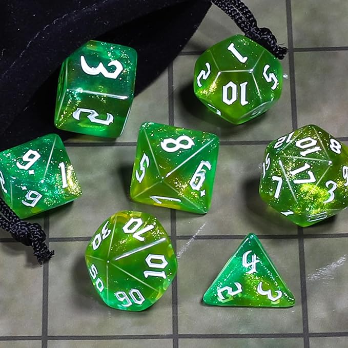CiaraQ DND Polyhedral Dice Set for Dungeons and Dragons RPG MTG Role Playing Table Games-with 1 Dice Pouch (Green with Yellow + Glitter)