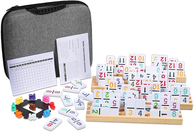Mexican Train Numbers Dominoes with 4 Wood Trays, Color Double 12 Numerical Domine Set for Adults and Family, Classic 91 Tiles Board Grame with Waterproof Case