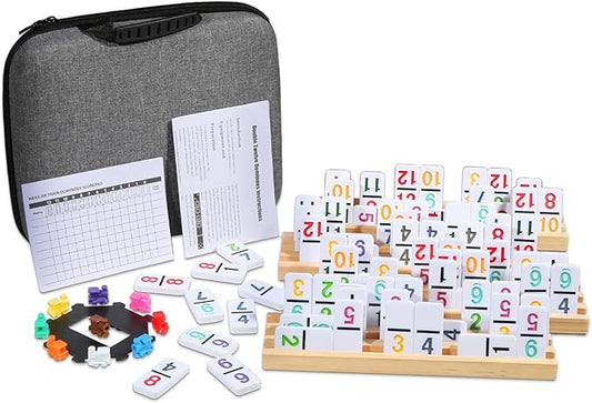Mexican Train Numbers Dominoes with 4 Wood Trays, Color Double 12 Numerical Domine Set for Adults and Family, Classic 91 Tiles Board Grame with Waterproof Case