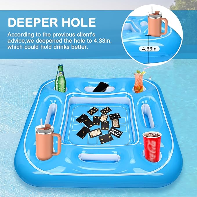 Floating Table for Pool with Waterproof Cards,Inflatable Games Table w/ Anti Spill Drink Holders,Pool Float Game Table Playing Card for Adults Summer Party,Inflatable Swimming Tray for Hot Tub