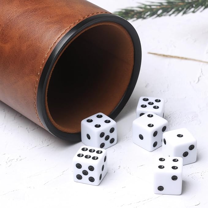 Brown PU Leather Dice Cup Set, Felt Lined Dice Shaker with 6 Dice for Liars Farkle Yahtzee Game